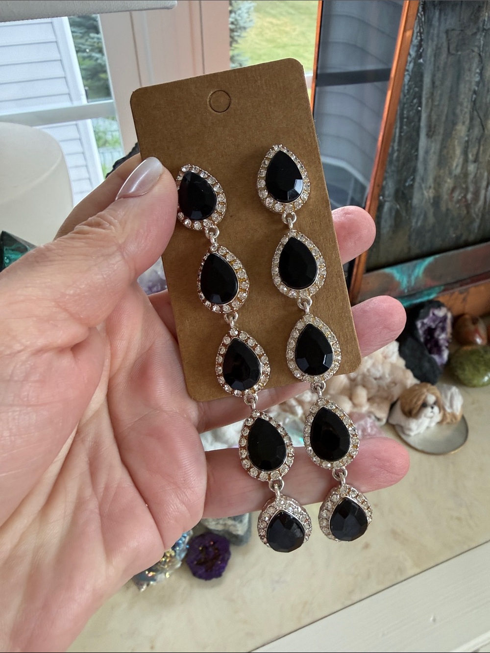 Vintage Black Teardrop Crystal Chandelier Earrings